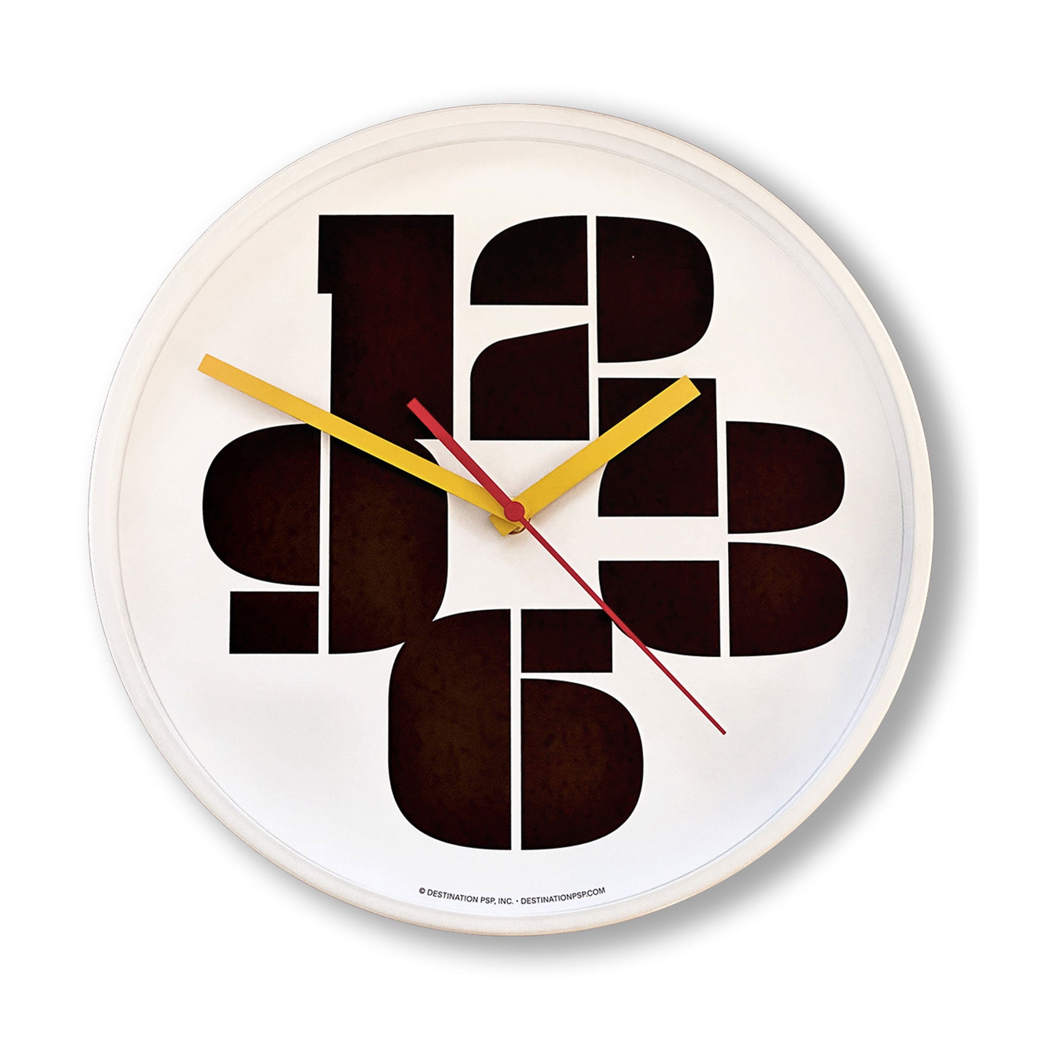 A mod white wall clock with just the numbers 3, 6, 9, and 12.