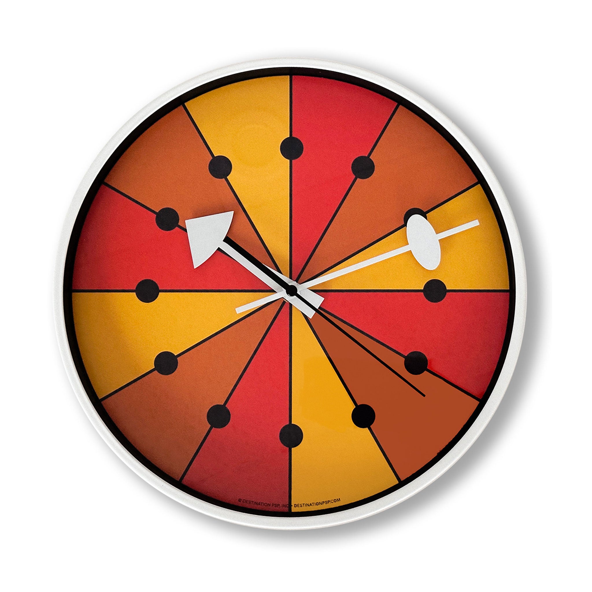 A mod orange yellow and red wall clock with white hands and rim.