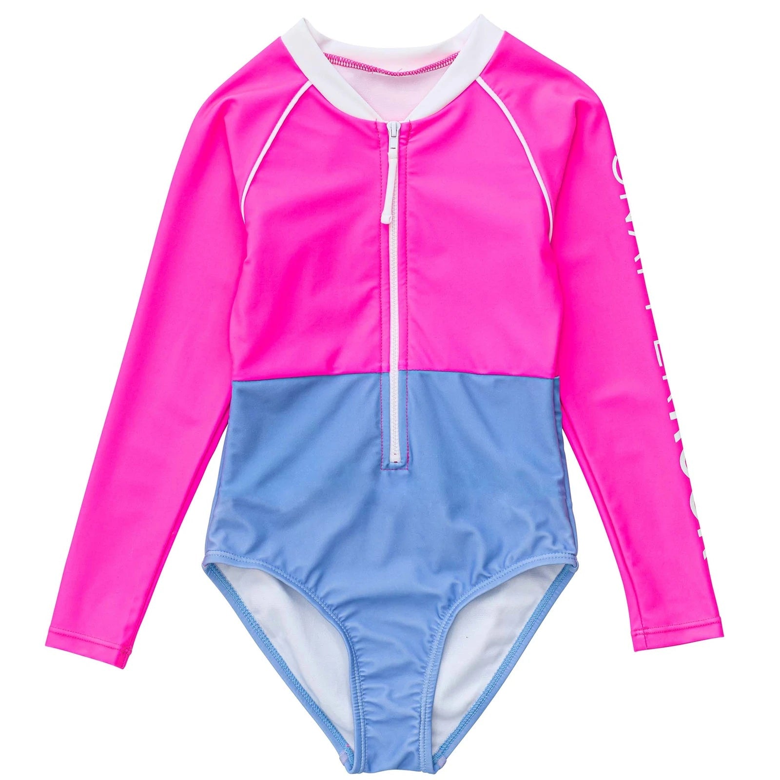 Long Sleeve One Piece Swimming Surf Suit Pink Print Zip Up