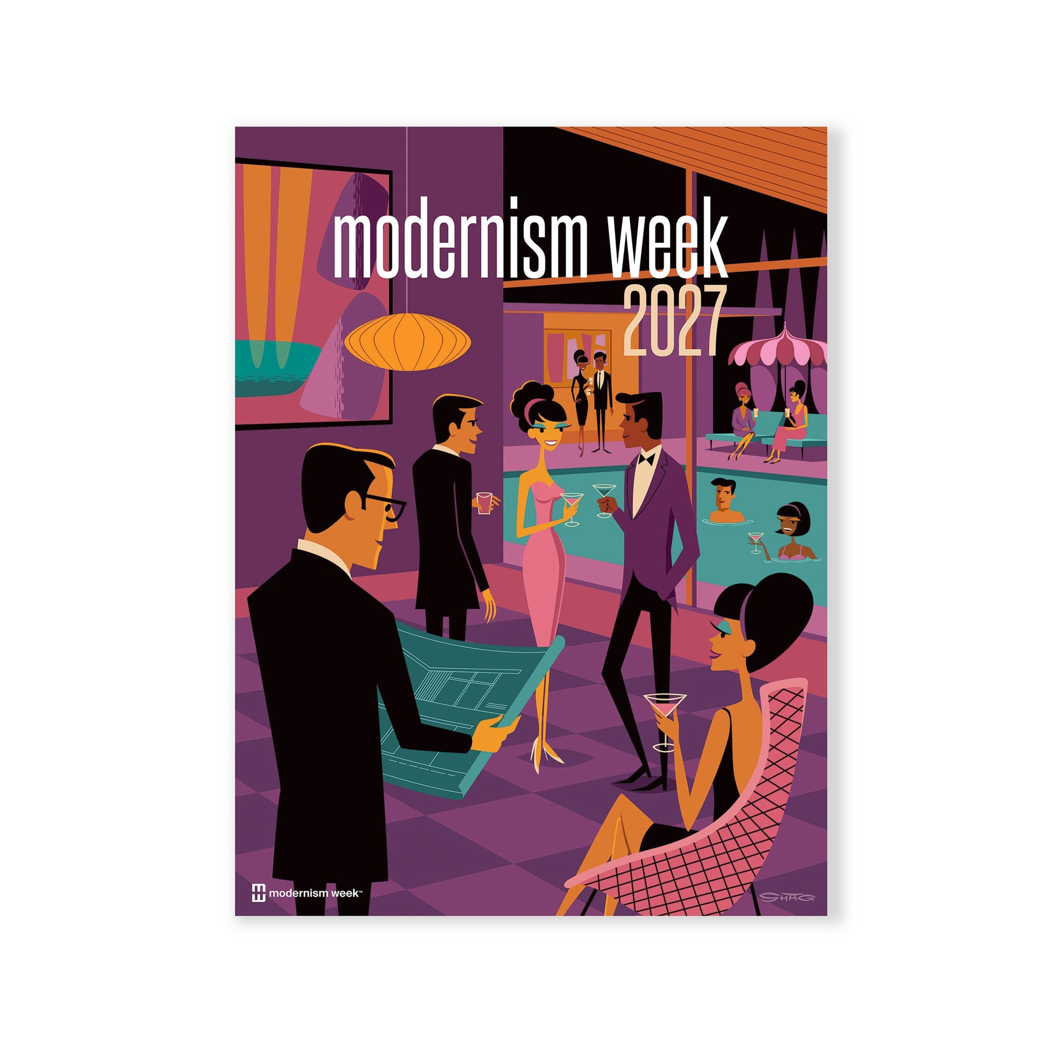 A stylized poster or print reading 'modernism week 2027' with illustrated figures in a purple-toned social scene, shown centered on a light gray background.