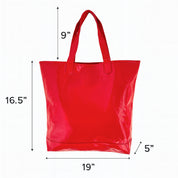 Red tote bag with measurements on a white background