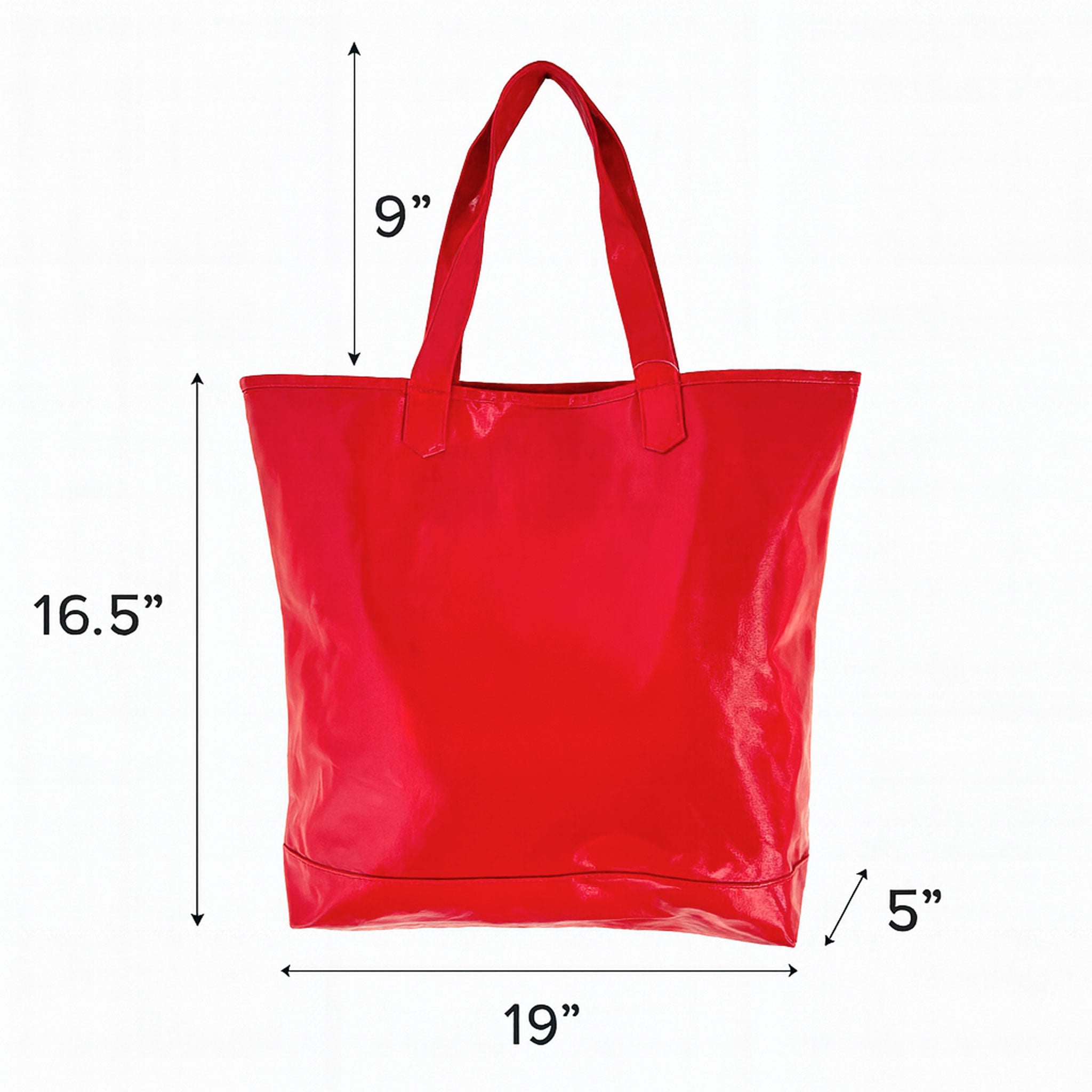 Red tote bag with measurements on a white background