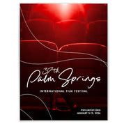Promotional poster for the 37th Palm Springs International Film Festival with red seats and a spotlight.