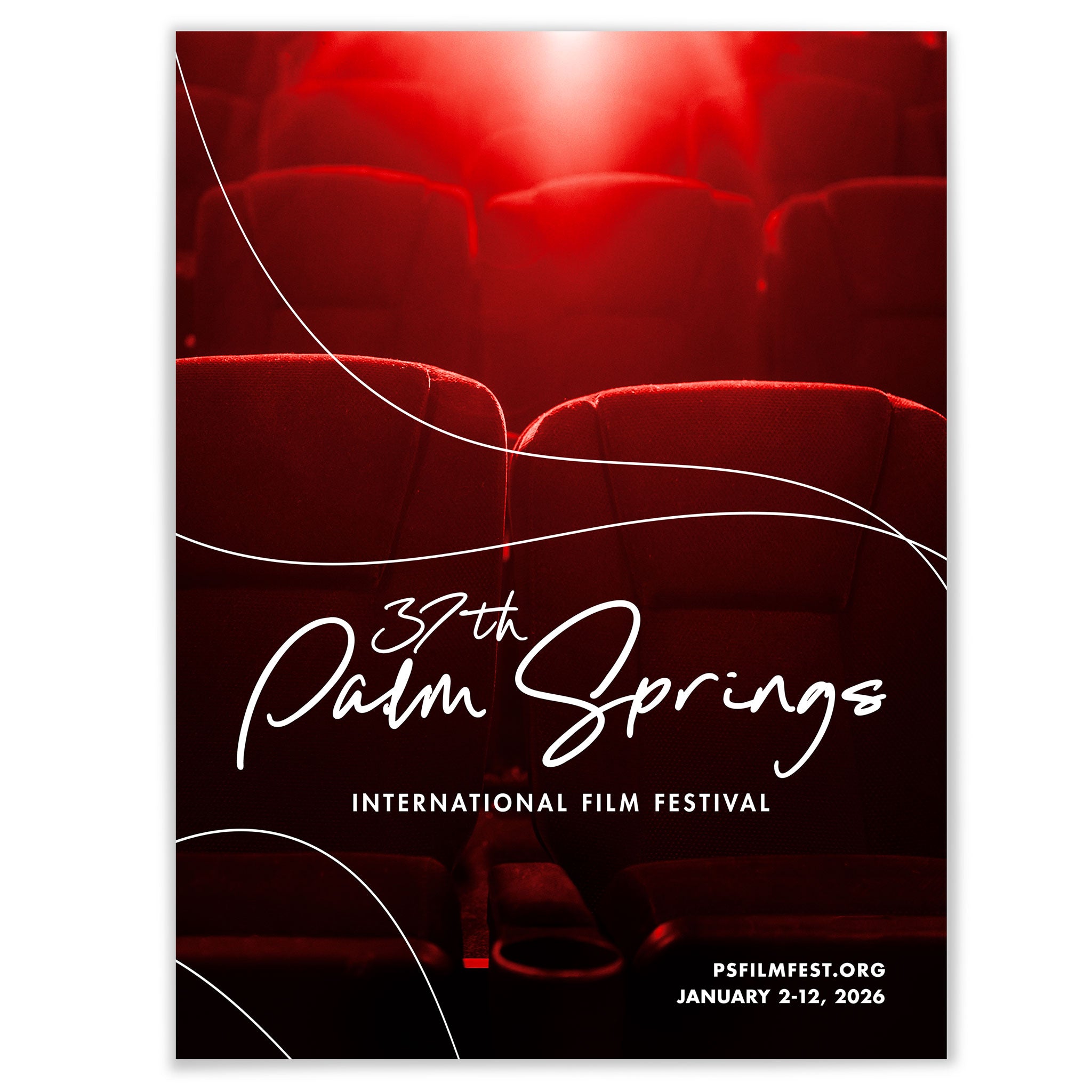 Promotional poster for the 37th Palm Springs International Film Festival with red seats and a spotlight.