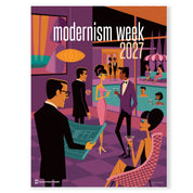 A stylized poster or print reading 'modernism week 2027' over an illustrated mid-century modern social scene with people, a pool, and chairs. The artwork fills most of the frame against a light gray background.