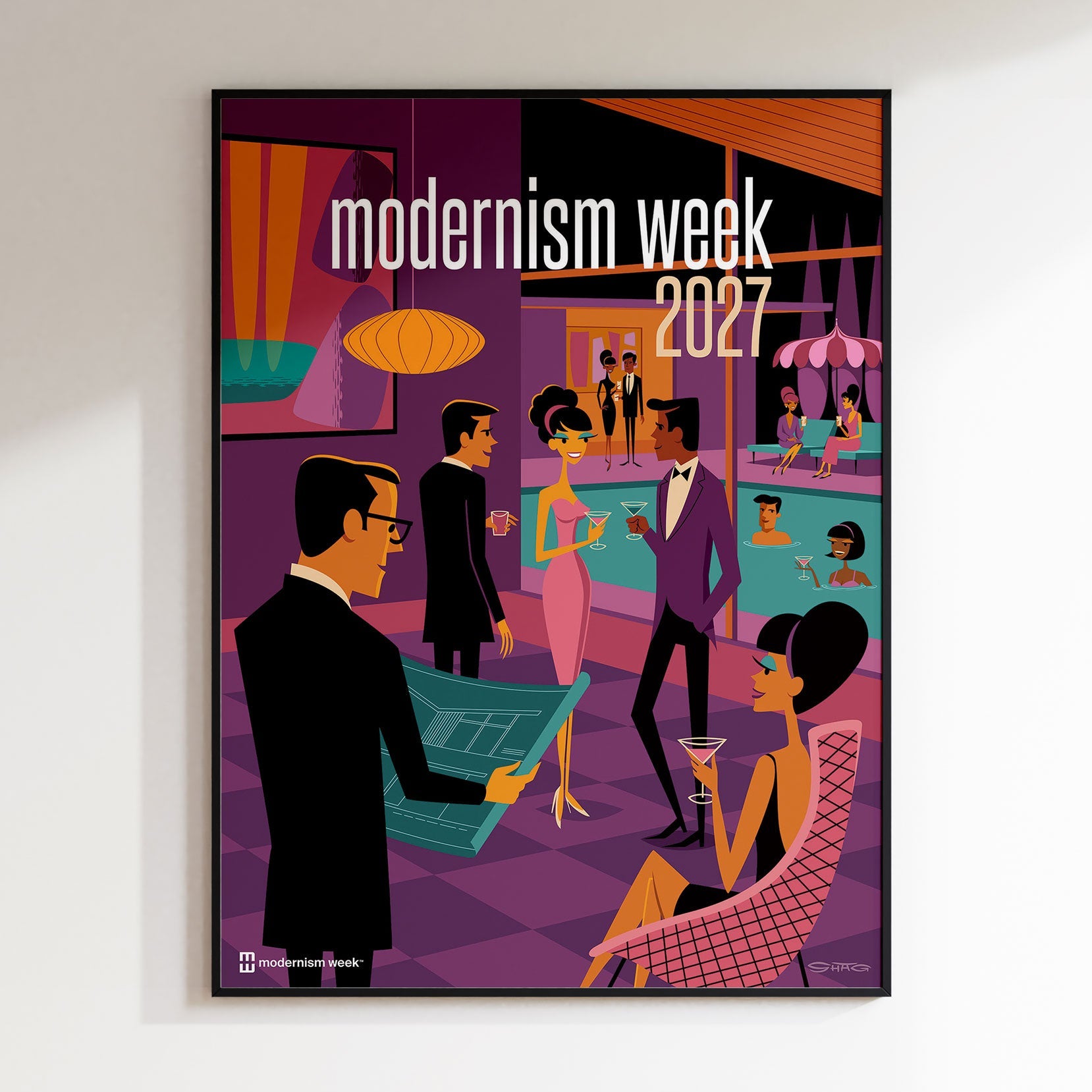 A framed art print featuring a stylized illustration of a 1920s flapper lounge scene with the text 'modernism week 2027' at the top, displayed on a light gray wall.