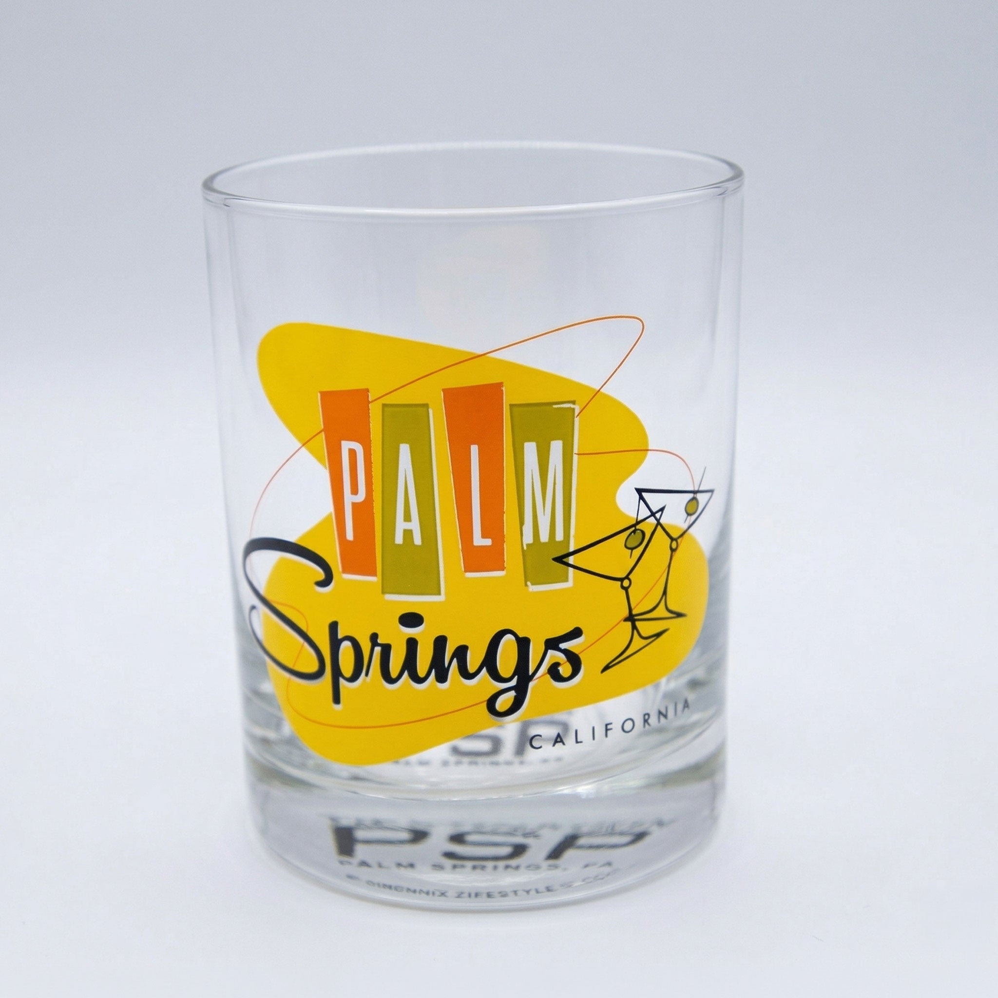 Clear glass with 'Palm Springs California' logo on a white background
