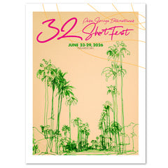 Promotional poster for 32 Short Fest with palm tree graphics on a beige background