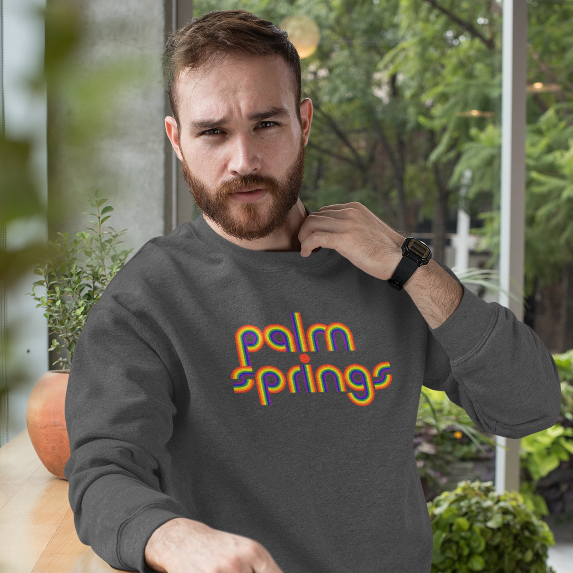 Palm Springs Unisex Crewneck Sweatshirt - Disco Rainbow - Charcoal