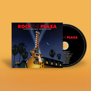 Album cover and disc of 'Rock The Plaza' with guitar and building illustration on orange background