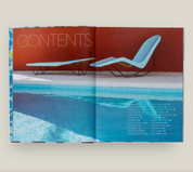 Open book showing a pool and lounge chair design on a white background