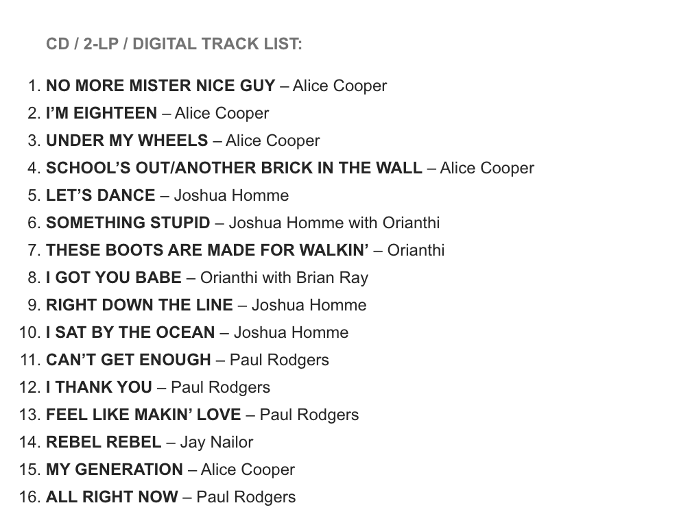 Track list of a music album with artist names on a white background