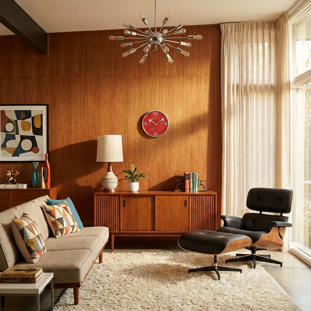 Modern living room with wooden wall, furniture, and decor