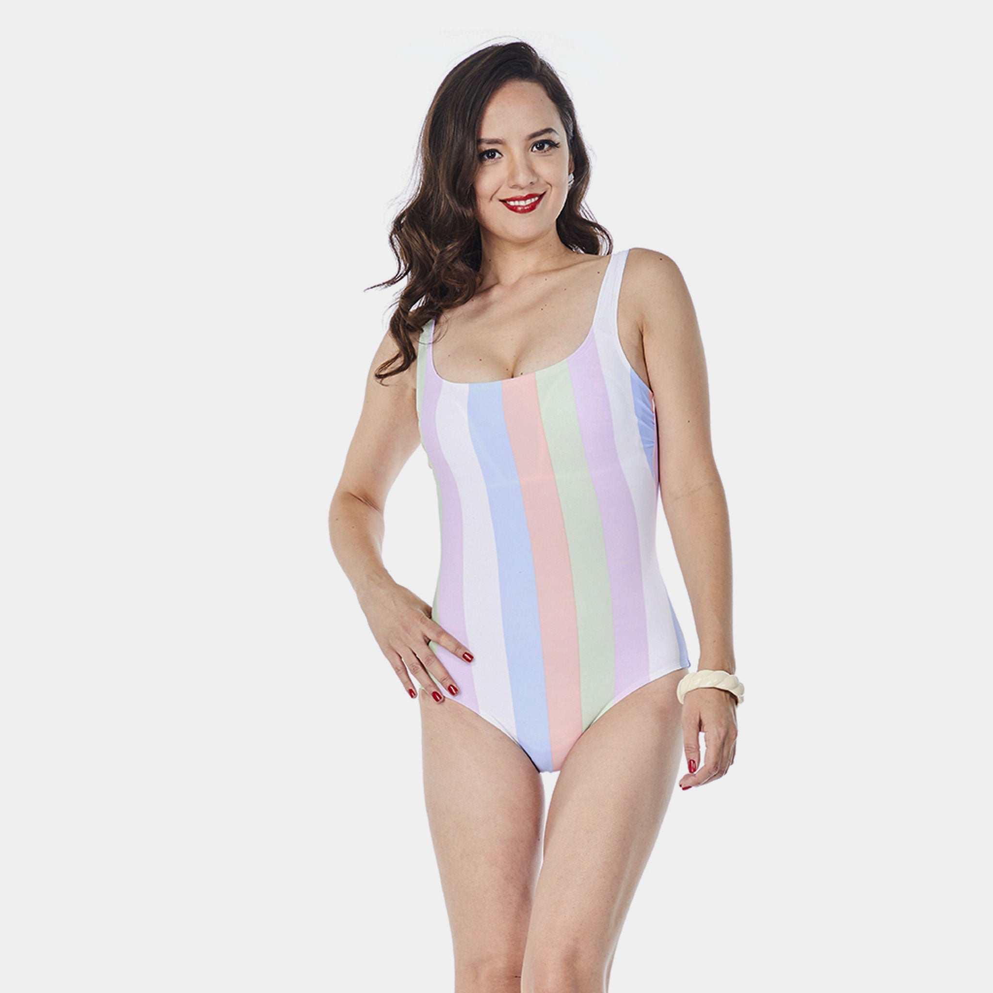 Bettie Page Striped One - Piece Tank Swimsuit - Sorbet - Destination PSP