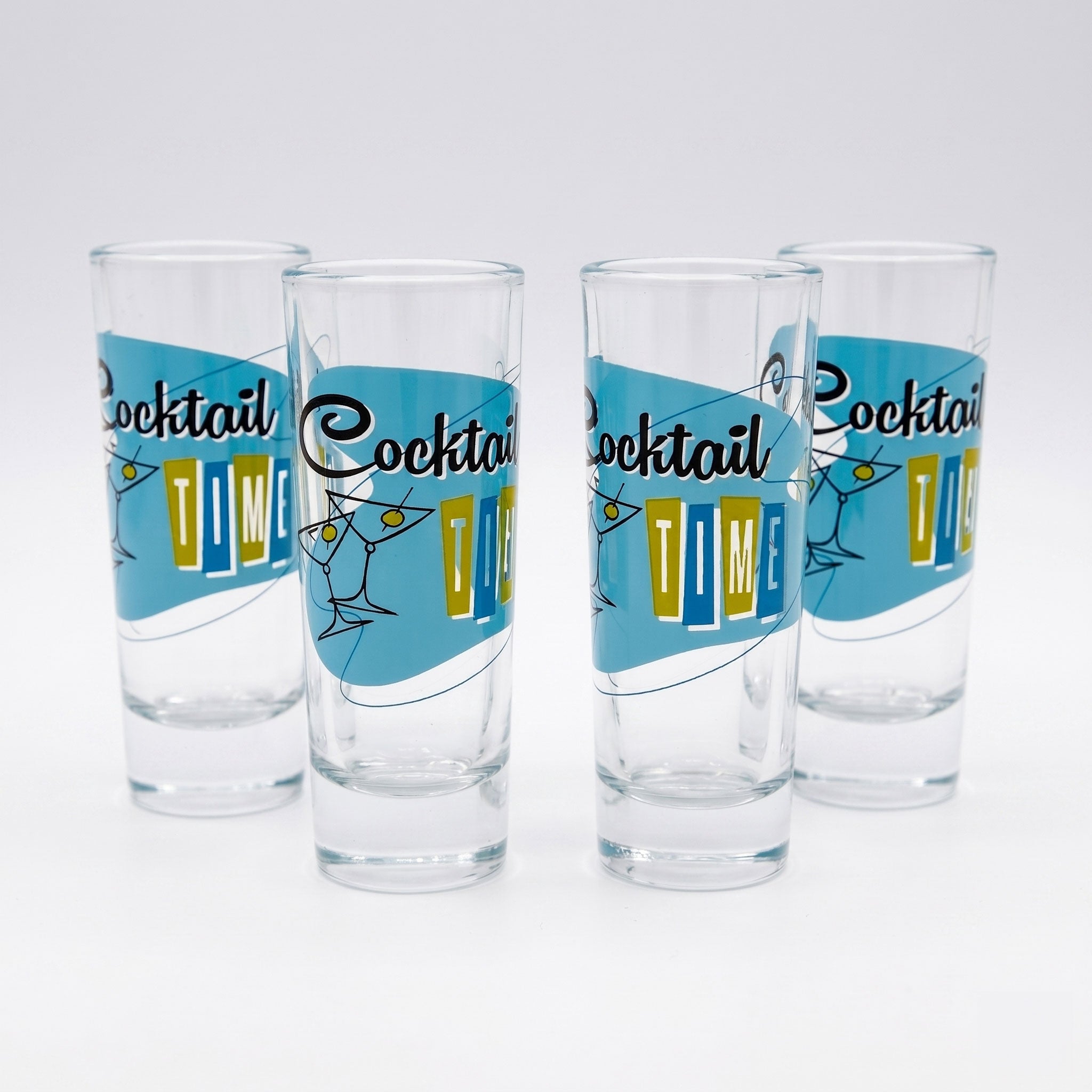 Four clear shot glasses with blue accents and 'Cocktail Time' text on a white background