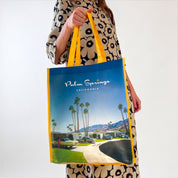 Tote bag with Palm Springs California design featuring palm trees and a car.