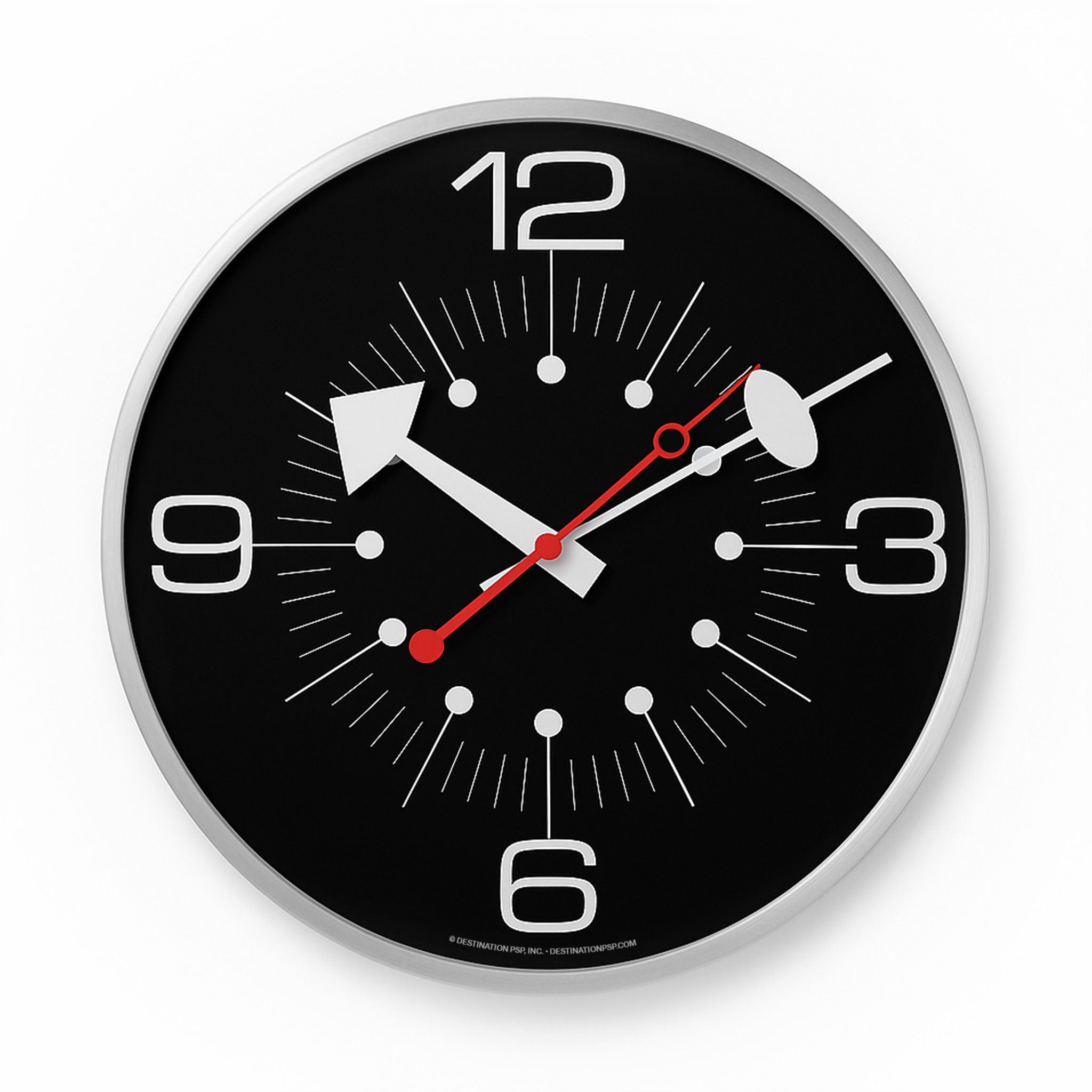 Wall clock with black face, silver rim, and red second hand on a white background