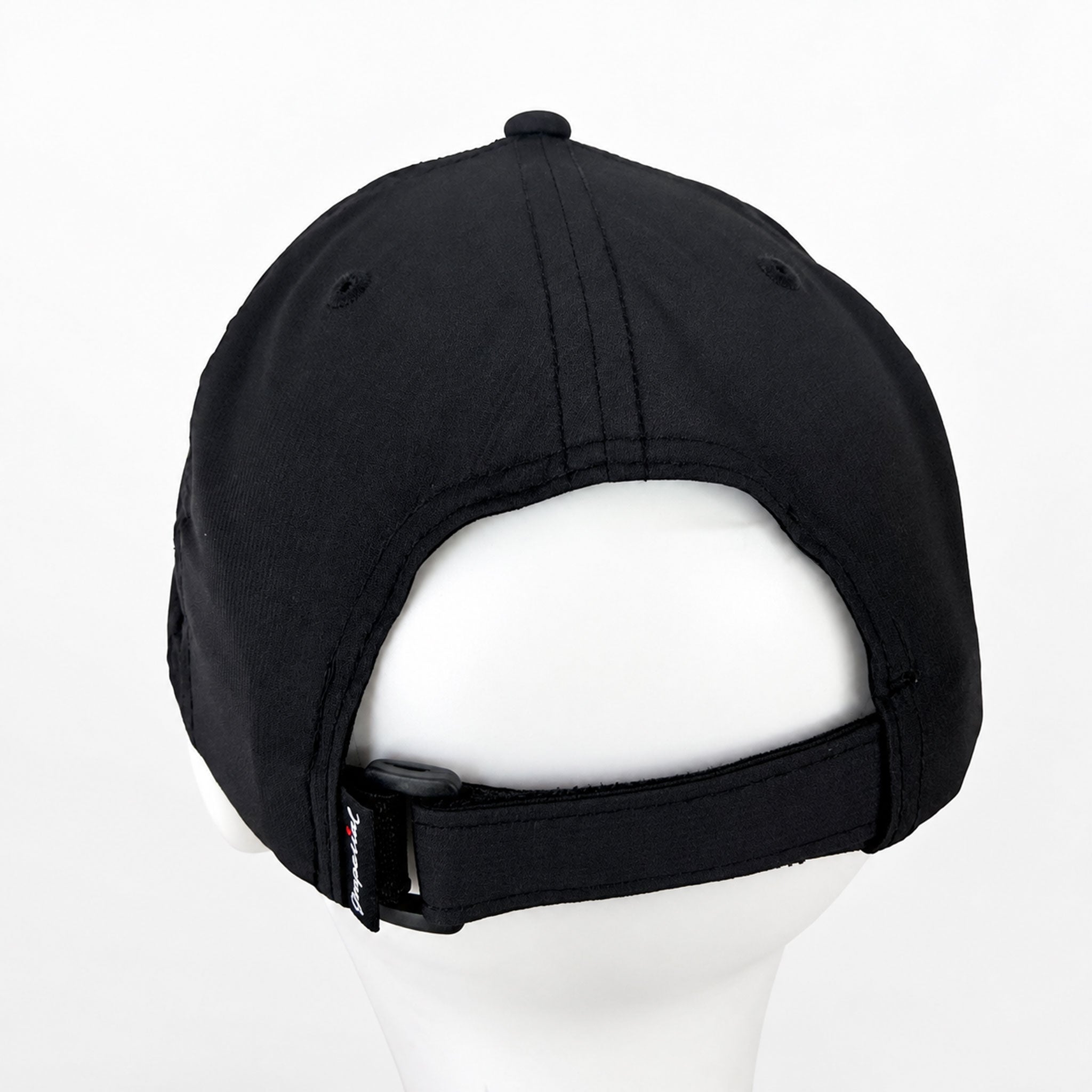 Rear view of a black baseball cap displayed on a white mannequin head against a plain white background.