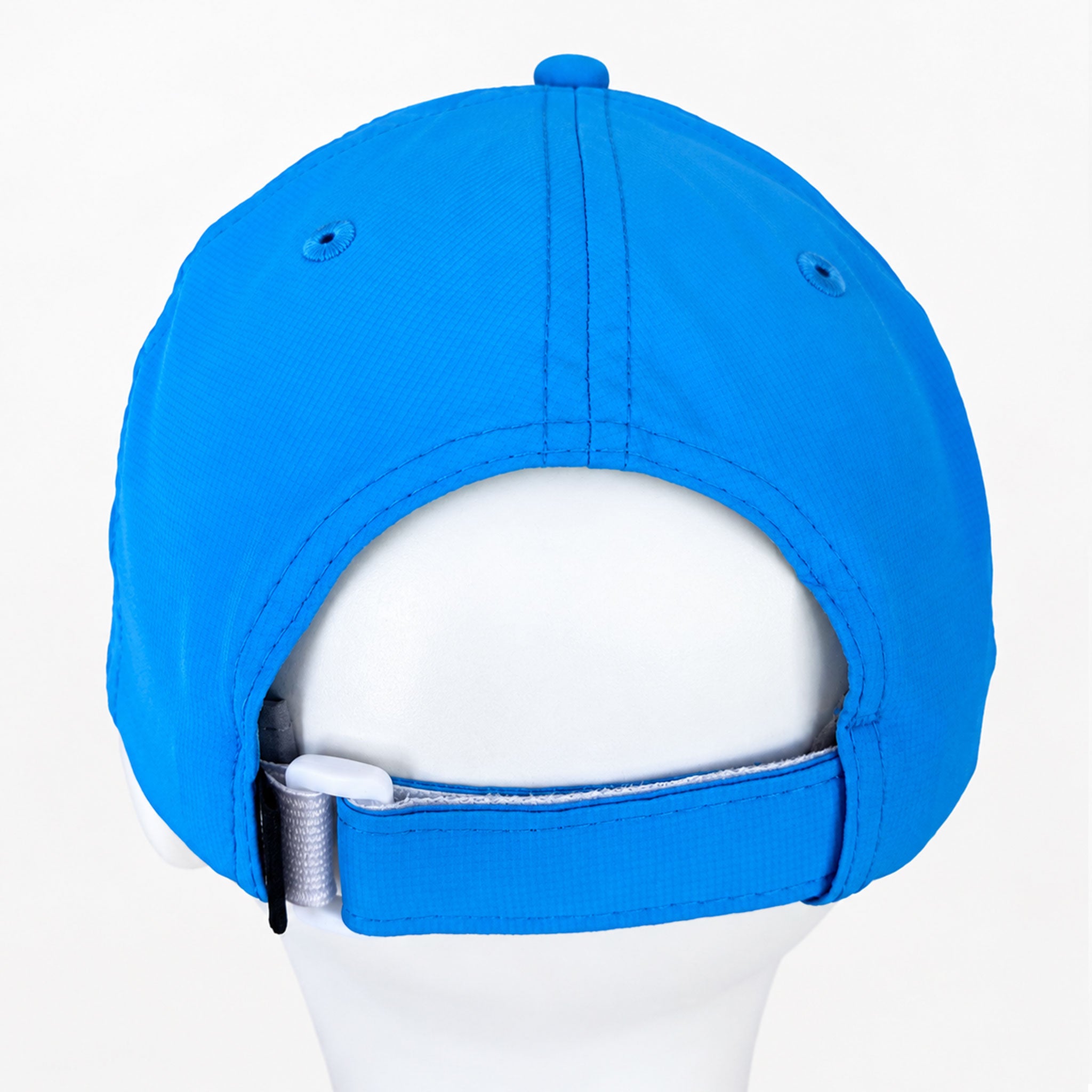 A bright blue baseball cap shown from the back on a white mannequin head, with an adjustable hook-and-loop strap closure visible at the bottom.