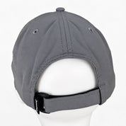 Rear view of a gray baseball cap displayed on a white mannequin head against a white background.