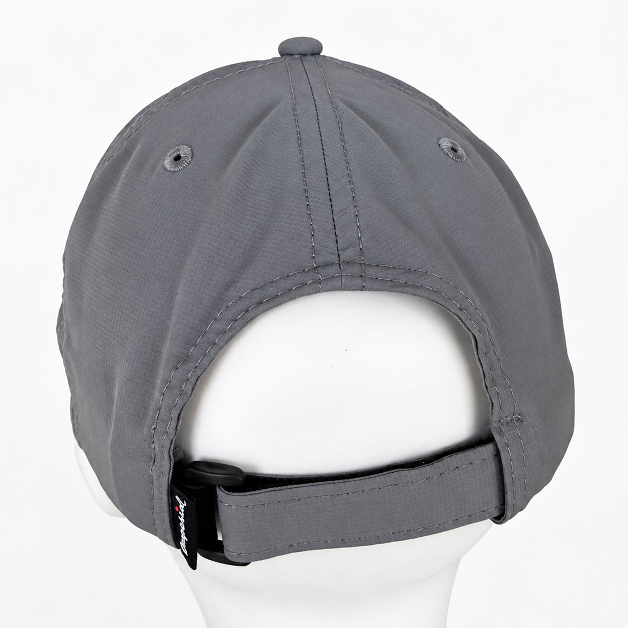 Rear view of a gray baseball cap displayed on a white mannequin head against a white background.