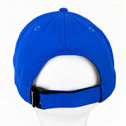 The back view of a bright blue baseball cap displayed on a white mannequin head against a plain white background.