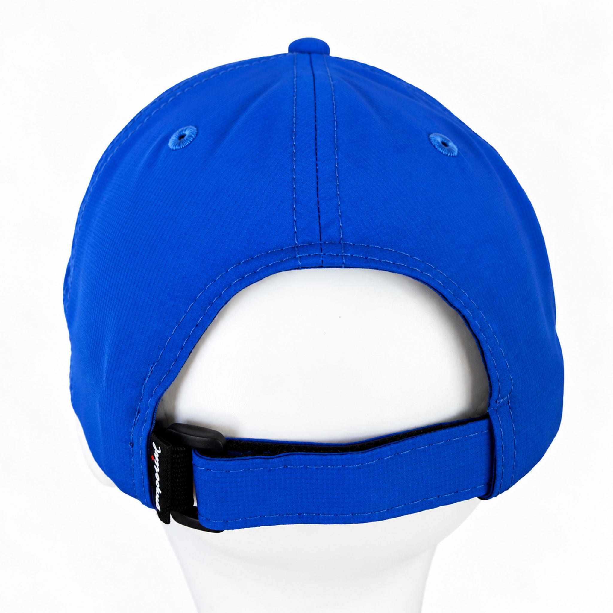 The back view of a bright blue baseball cap displayed on a white mannequin head against a plain white background.