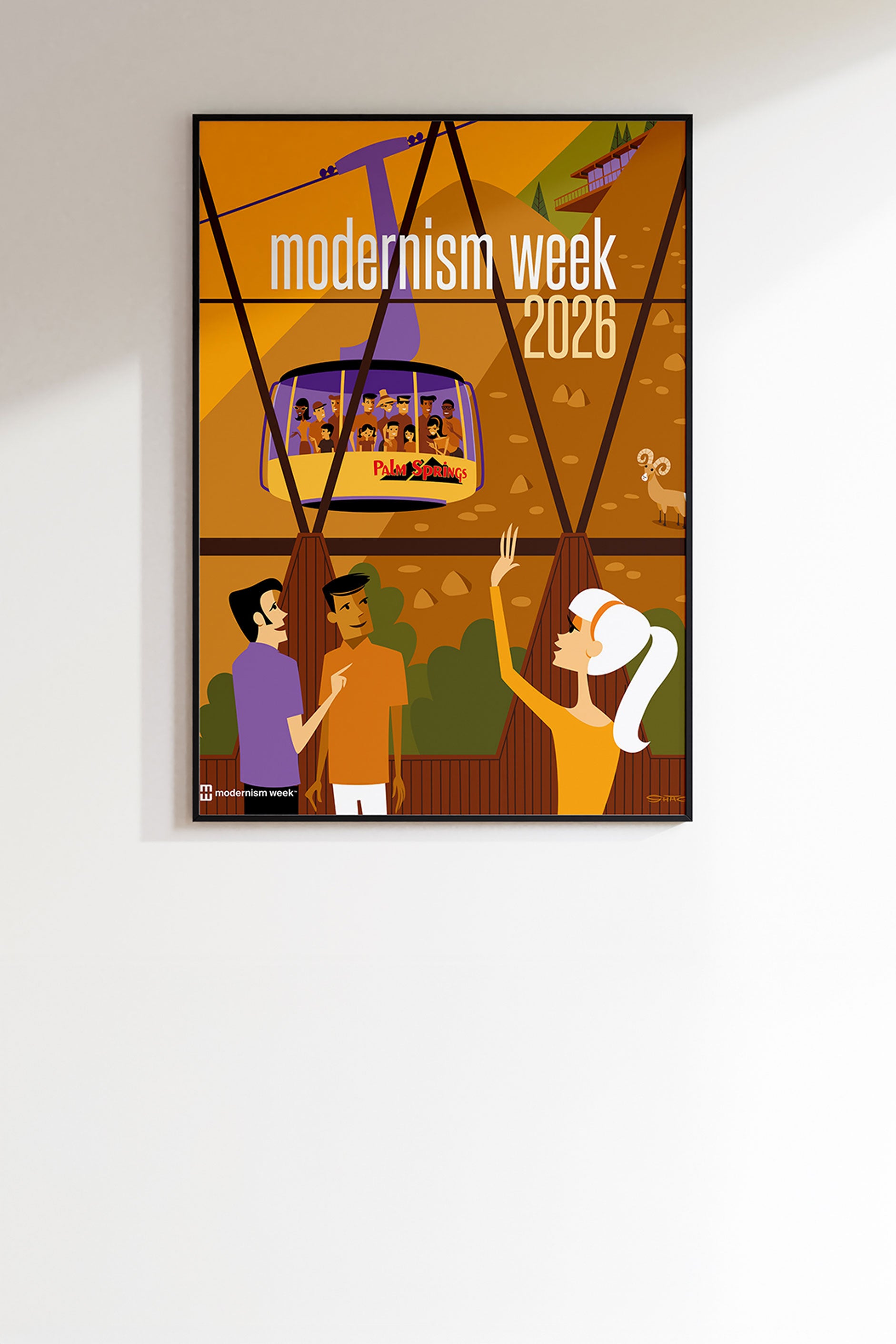 Poster for Modernism Week 2026 with people and a building and the Palm Springs tram on an orange background.