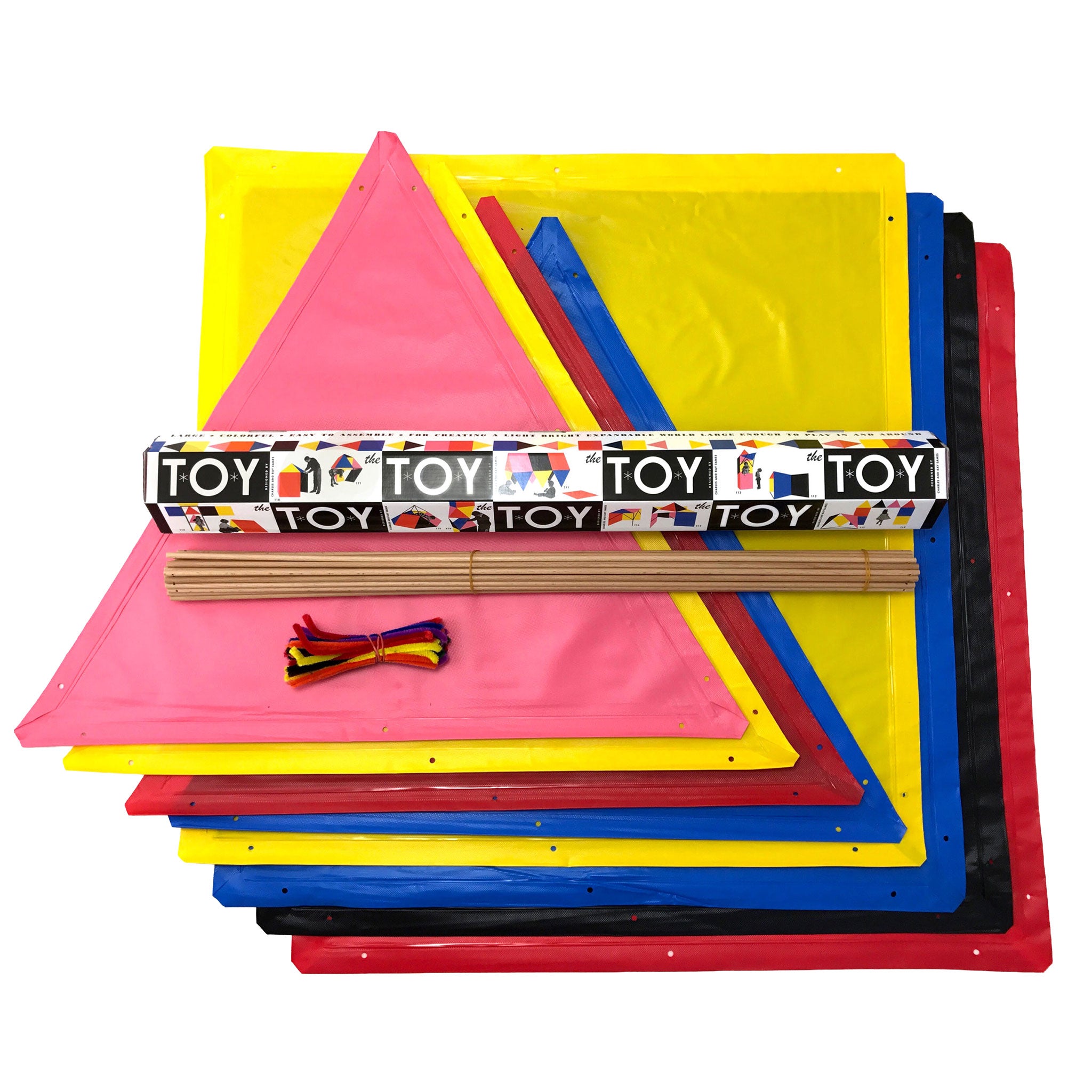 Colorful toy mats with various items on a white background