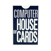 Cardboard packaging for 'Computer House of Cards' with white text on a blue background