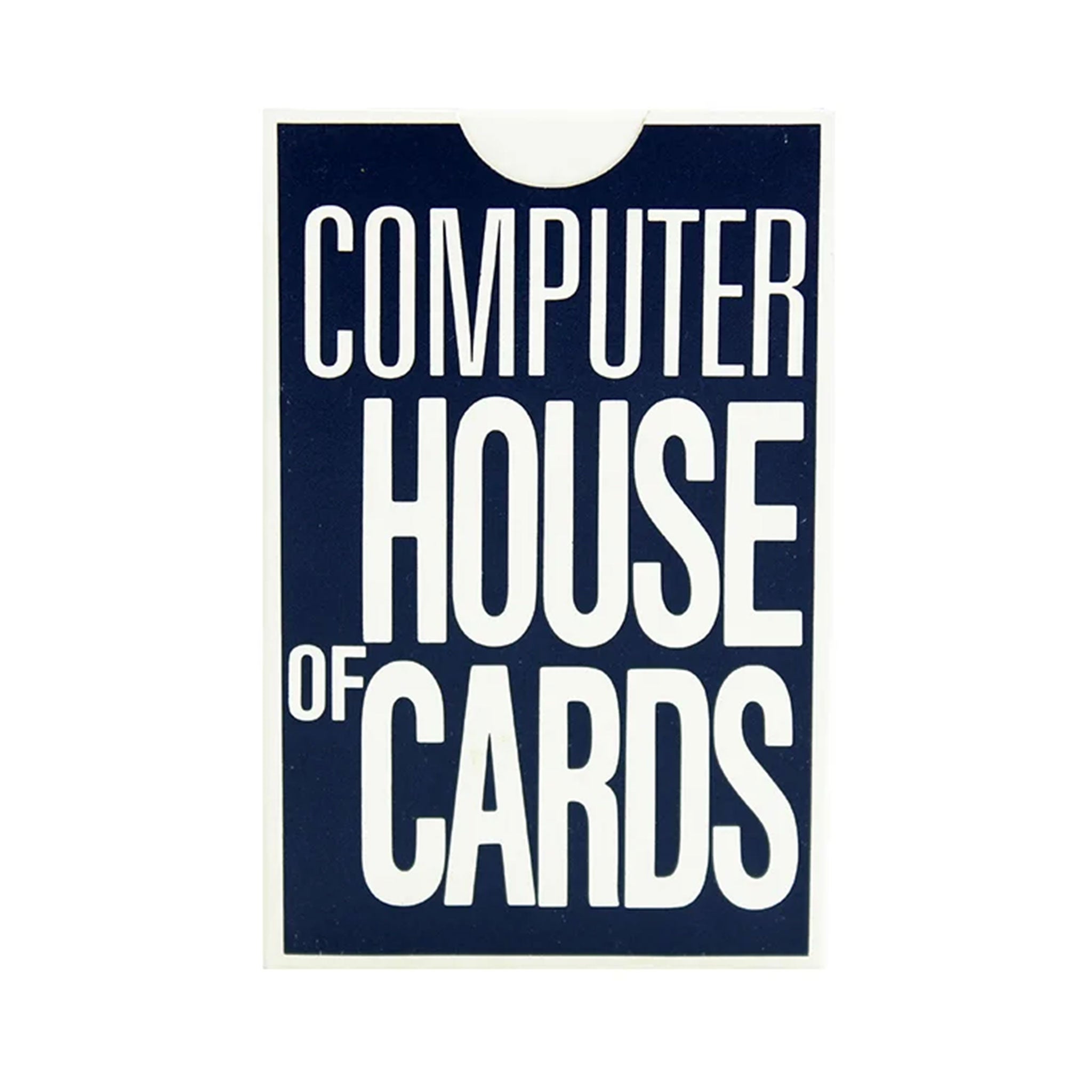 Cardboard packaging for 'Computer House of Cards' with white text on a blue background