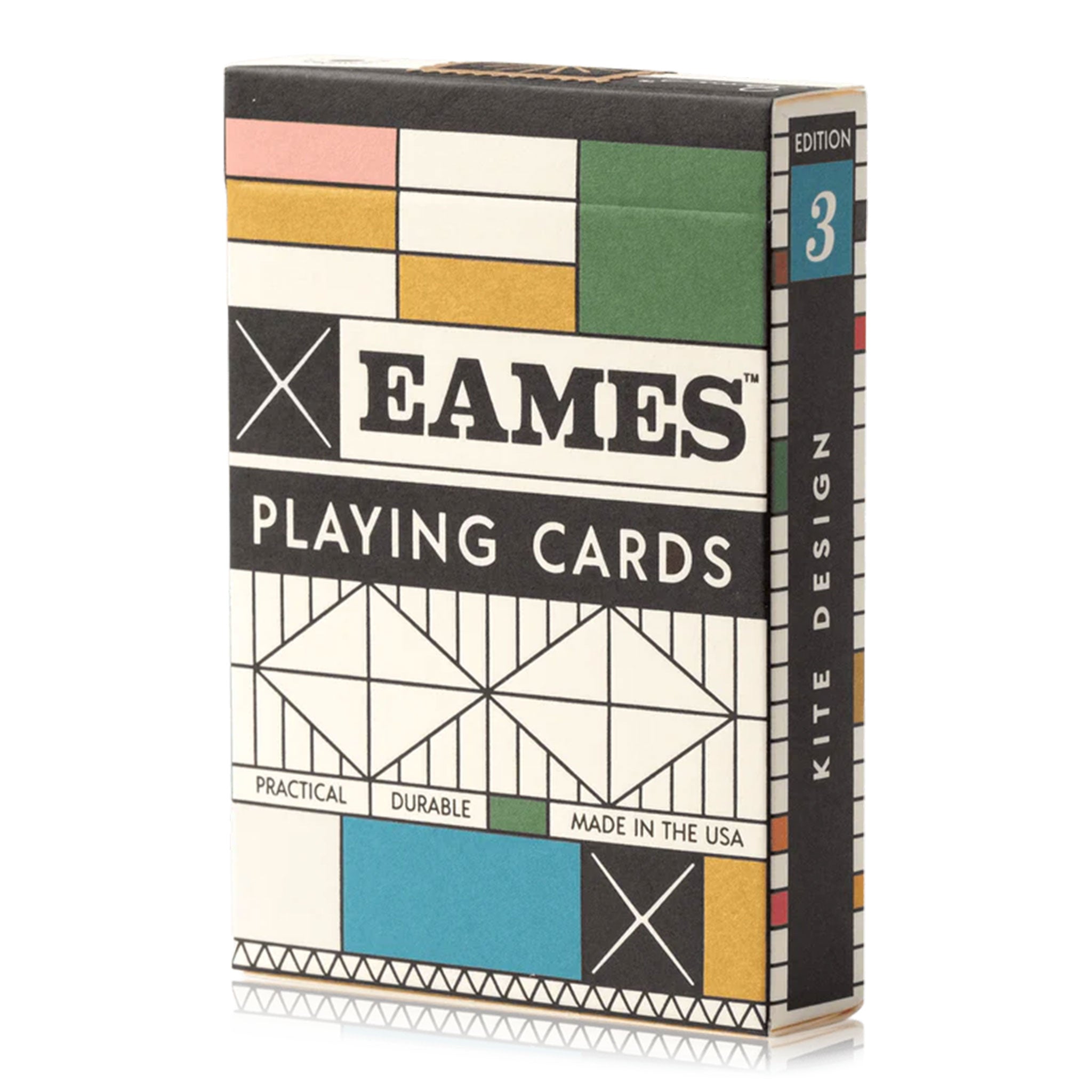 Eames playing cards packaging with geometric design and color blocks