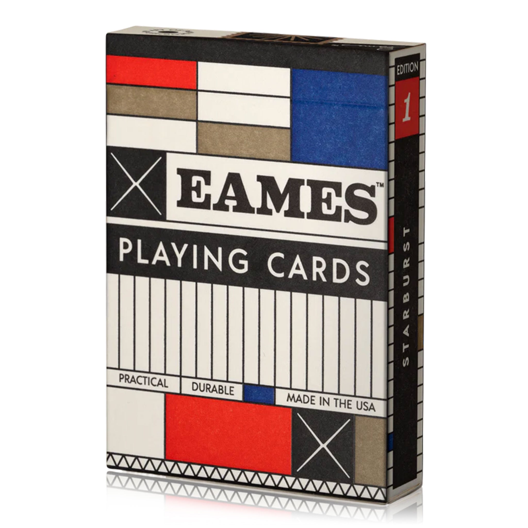 Eames playing cards packaging with geometric design on a white background