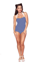 Girlhowdy “Sandy" Polka Dot Retro One-Piece Swimsuit, G11070-Blue - Destination PSP