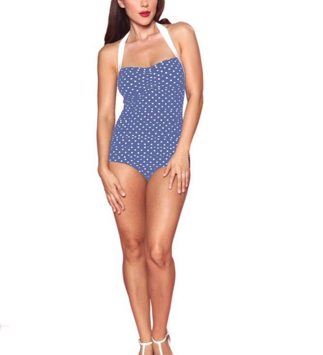 Girlhowdy “Sandy" Polka Dot Retro One-Piece Swimsuit, G11070-Blue - Destination PSP