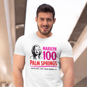 Man wearing a white t-shirt with a Marilyn Monroe graphic and text about Palm Springs.