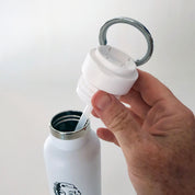 Hand holding a white water bottle with a cap on a plain background