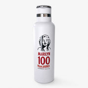 White water bottle with Marilyn Monroe graphic and text on a white background