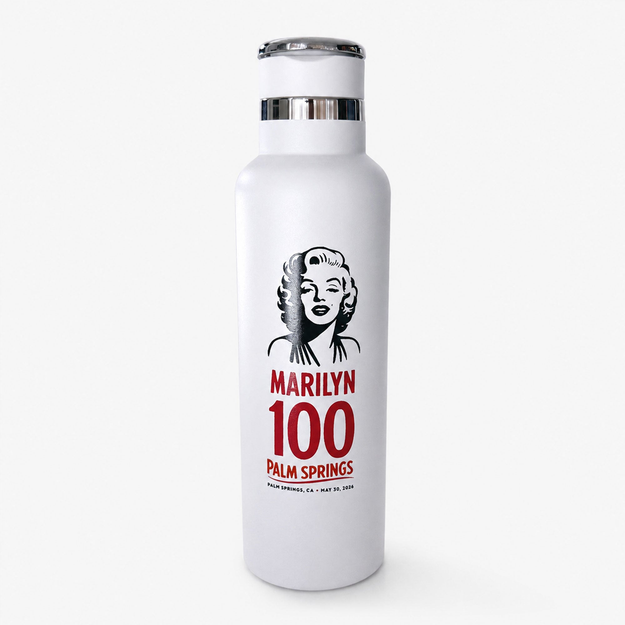 White water bottle with Marilyn Monroe graphic and text on a white background
