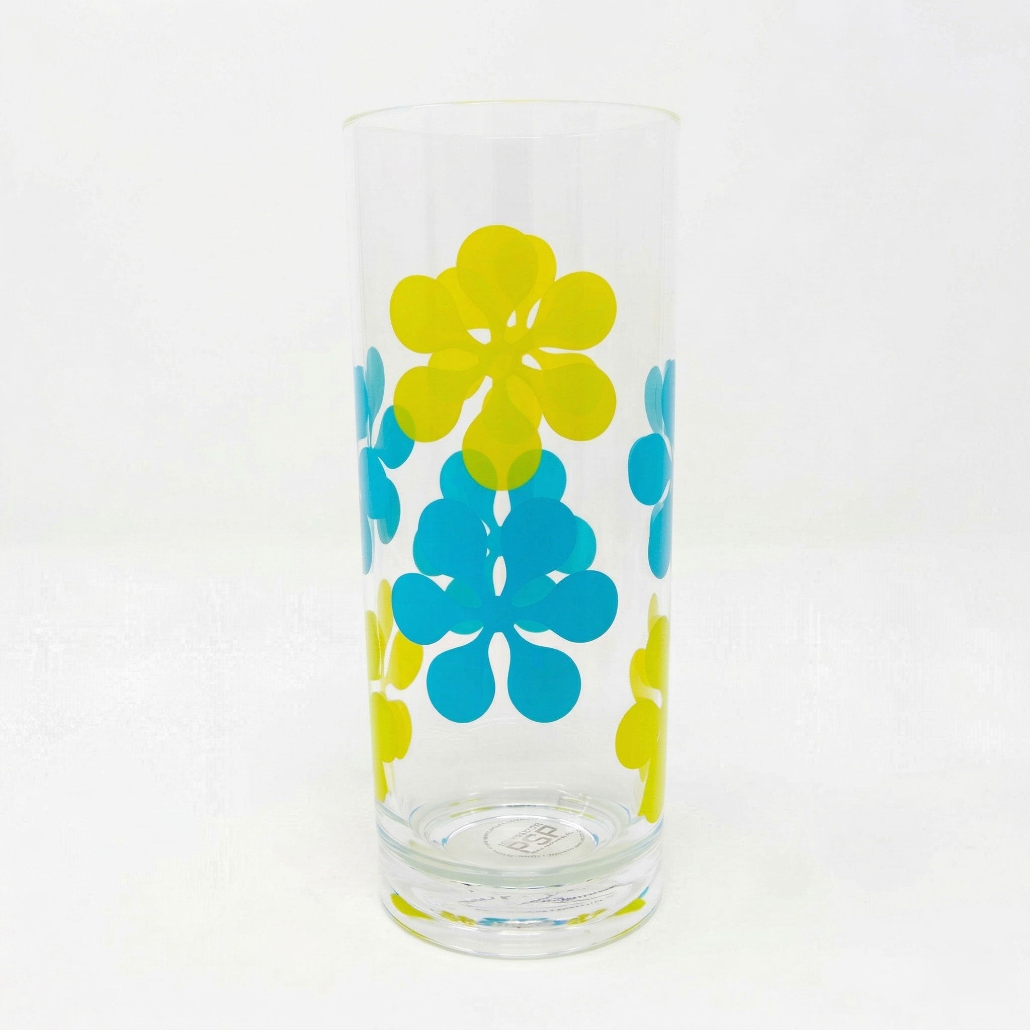Clear glass with blue and yellow floral pattern on a white background