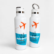 Two white insulated water bottles with silver metal caps and loops, featuring a blue and orange Palm Springs Airline graphic, on a light gray background.