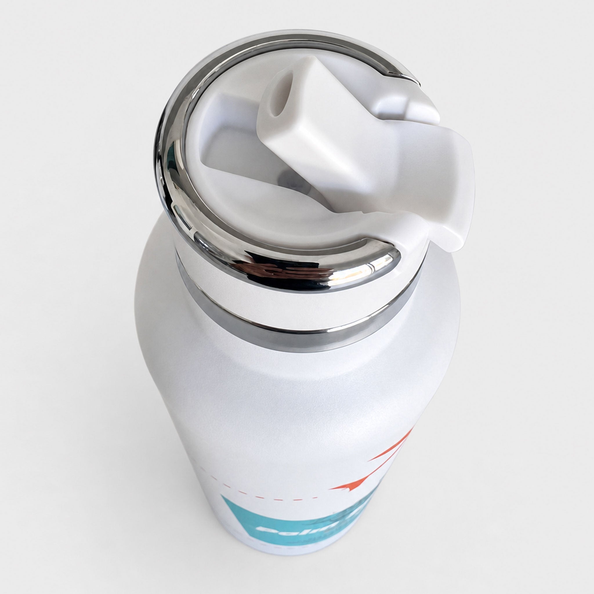 A white insulated water bottle with a metallic silver rim and a white flip-straw lid, shown on a clean white background.