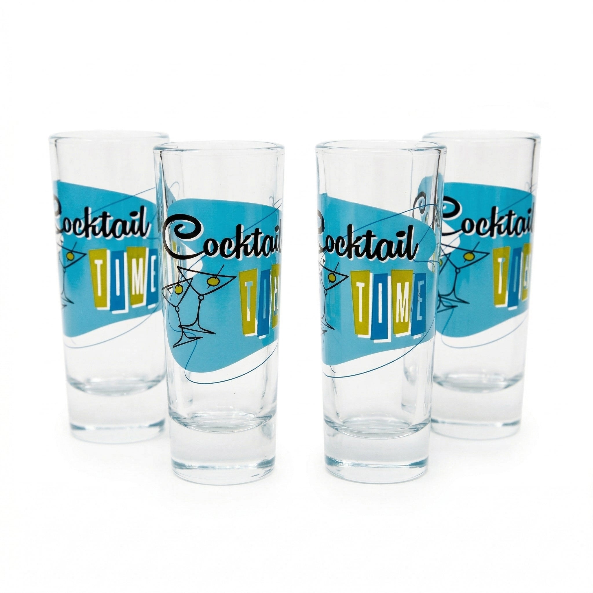 Four shot glasses with 'Cocktail Time' design on a white background