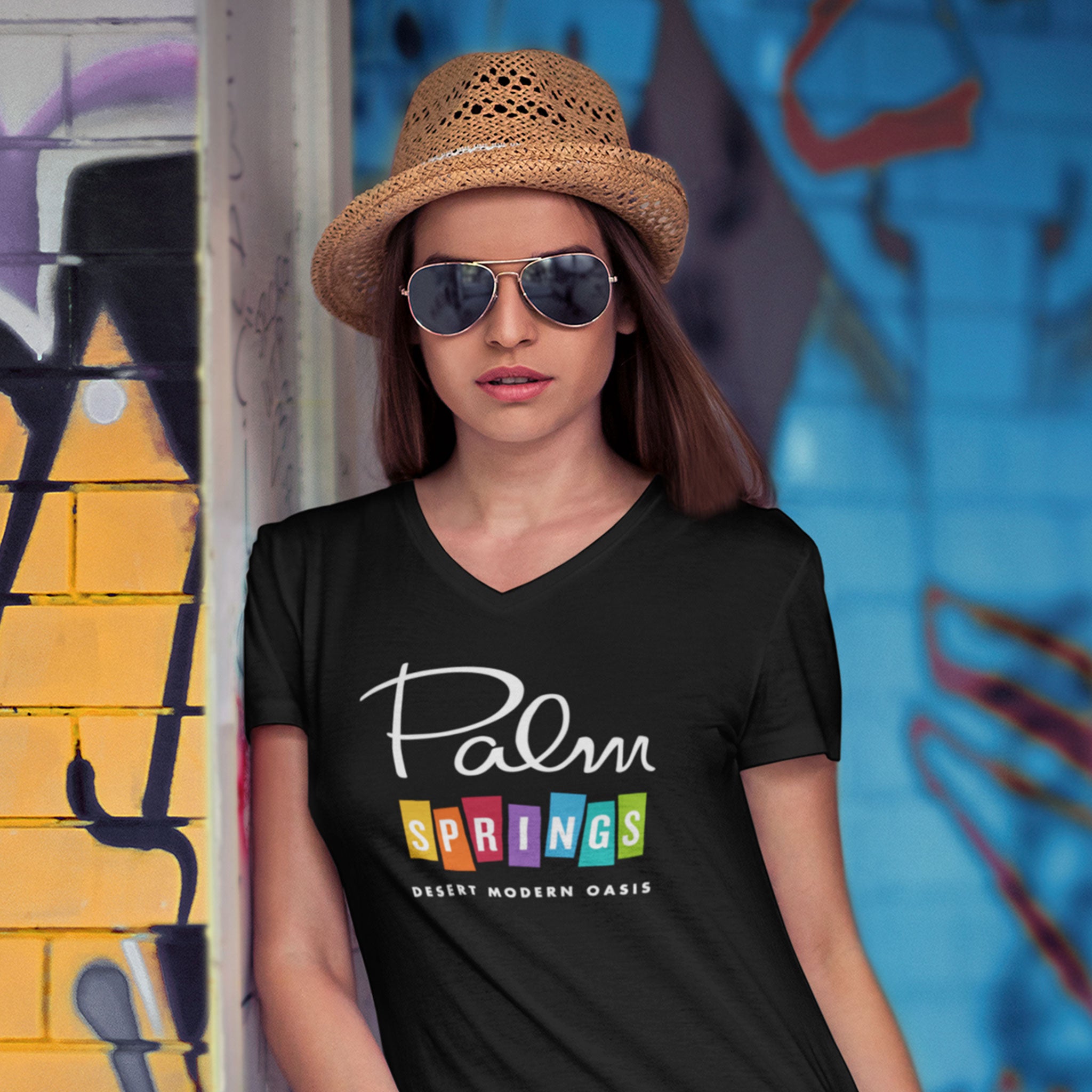 Palm Springs Rainbow V-Neck Unisex T-Shirt - Black