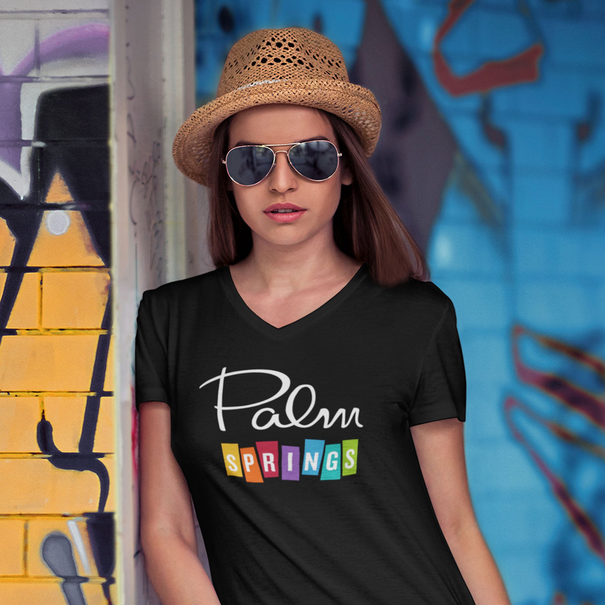 Palm Springs Rainbow V-Neck Unisex T-Shirt - Black