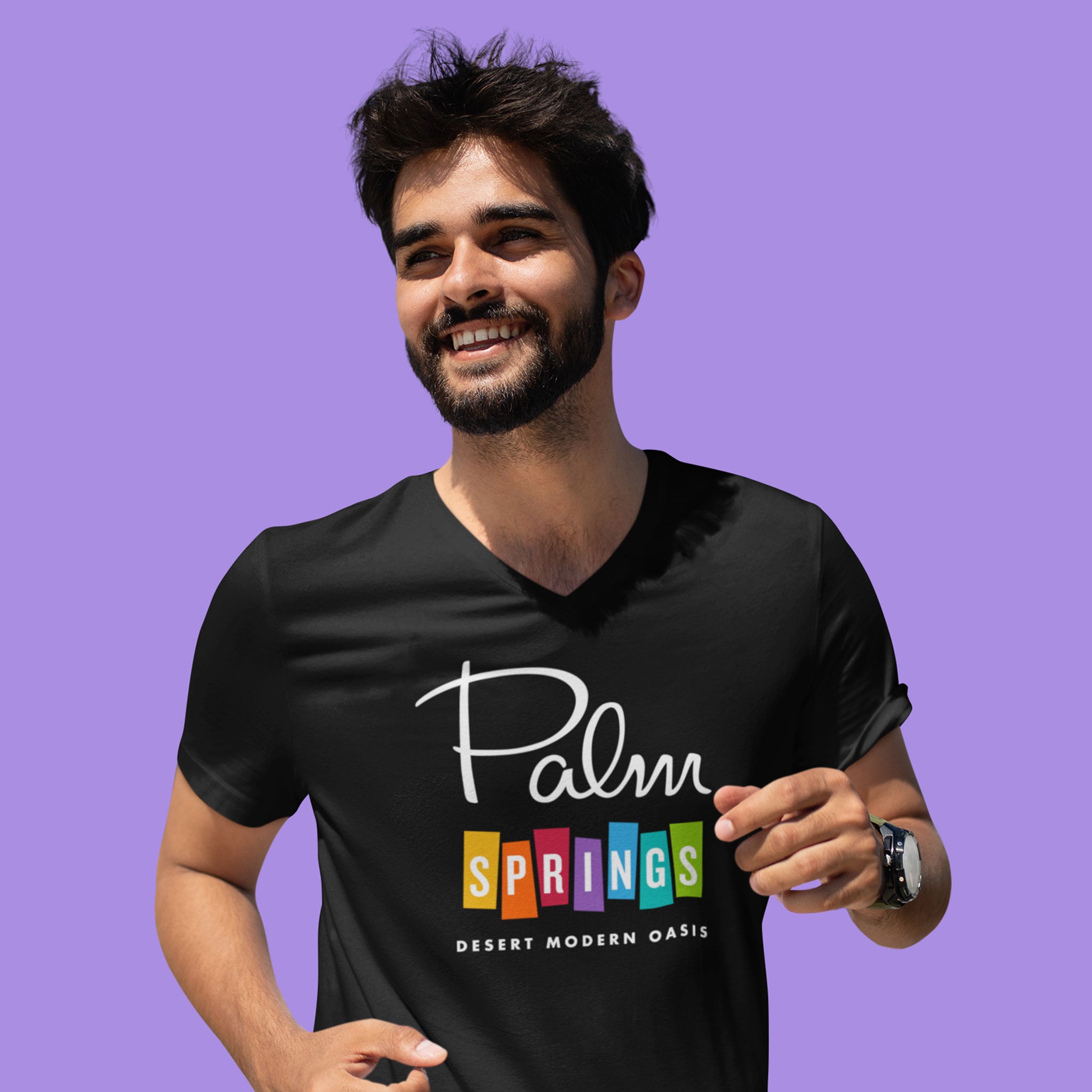 Palm Springs Rainbow V-Neck Unisex T-Shirt - Black
