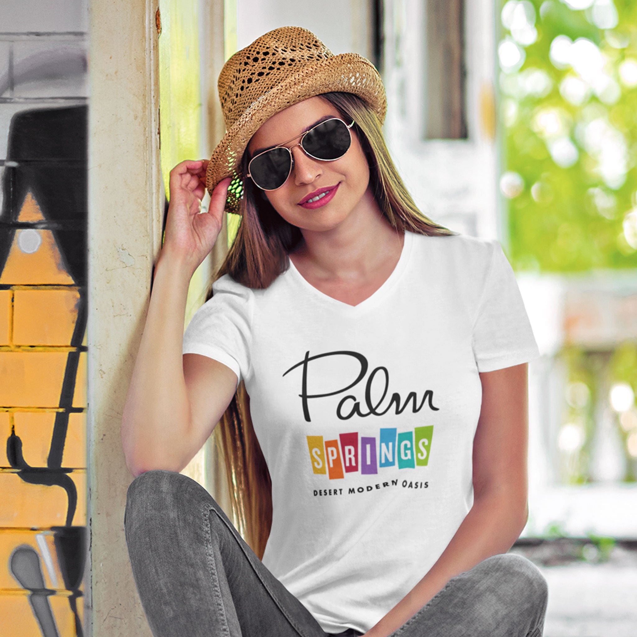 Palm Springs Rainbow V-Neck Unisex T-Shirt - White