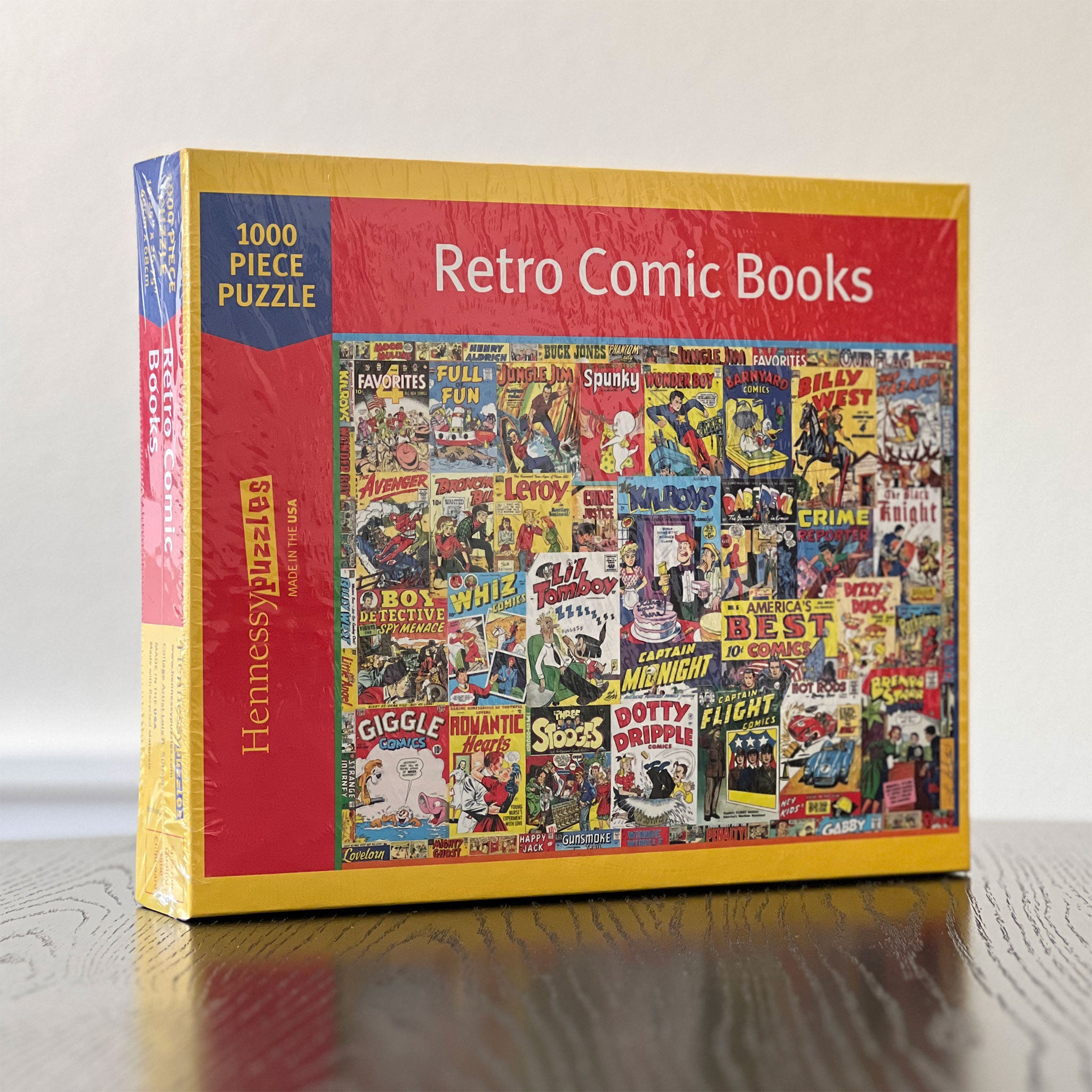 Jigsaw puzzle box featuring retro comic book covers with a red and yellow design.