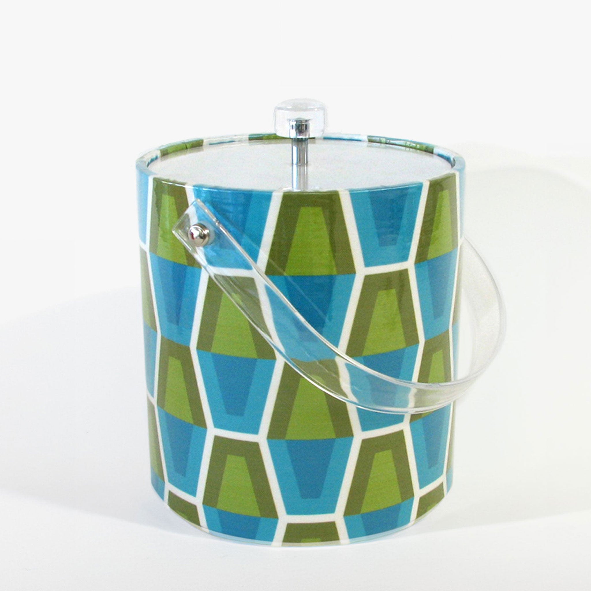 Patterned bucket with a geometric design on a white background
