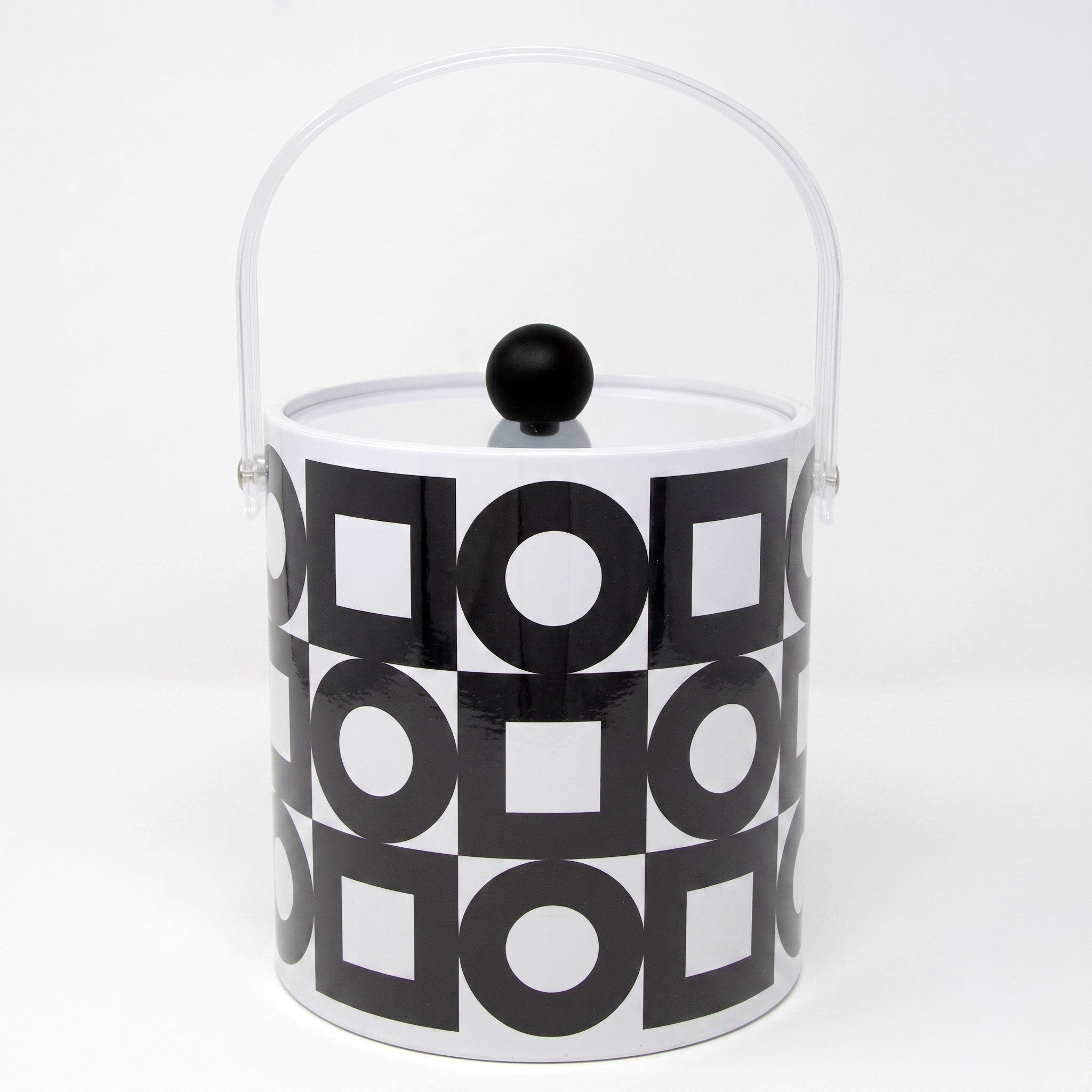 Black and white geometric patterned ice bucket with a black handle on a white background